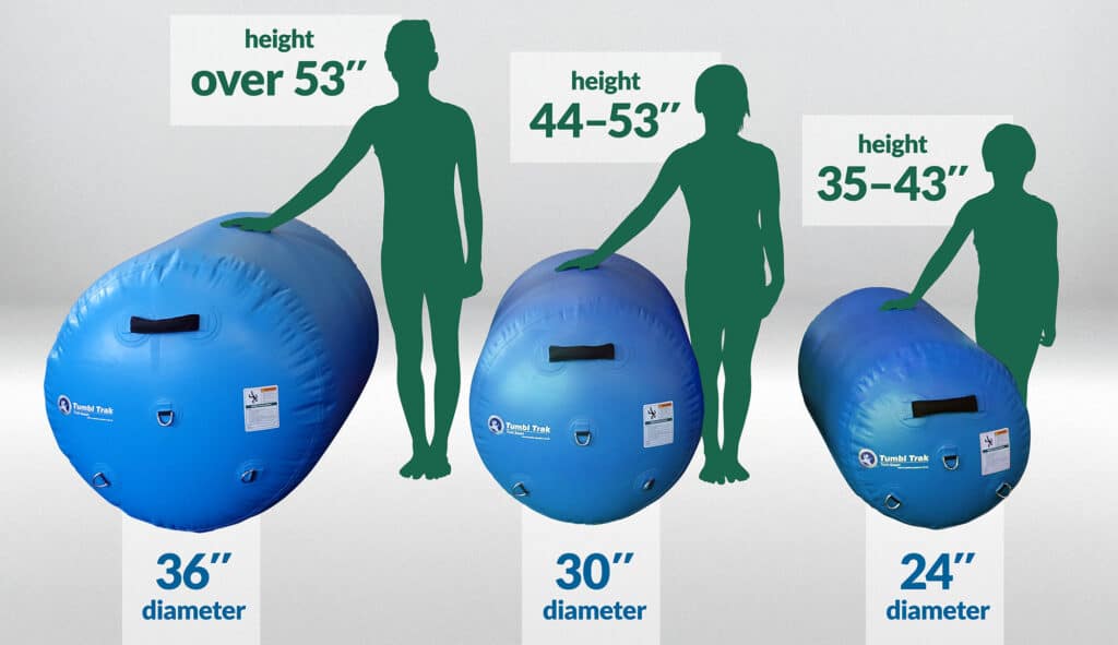 A graphic showing how to select the proper size air barrel. Choose the 24 inch air barrel for people 35 to 43 inches tall. Choose the 30 inch air barrel for people 44 to 53 inches tall. Choose the 36 inch air barrel for people over 53 inches tall.