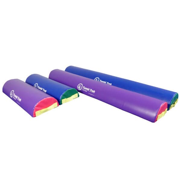 A photo of Tumbl Trak's Half Rounds showing 2ft and 4ft sizes and blue and purple colors.