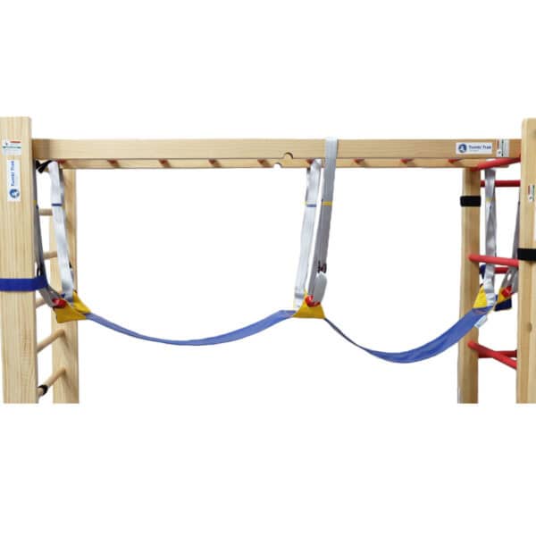 A photo of the Laser Balance Beam Hammock hung on climbing ladders.
