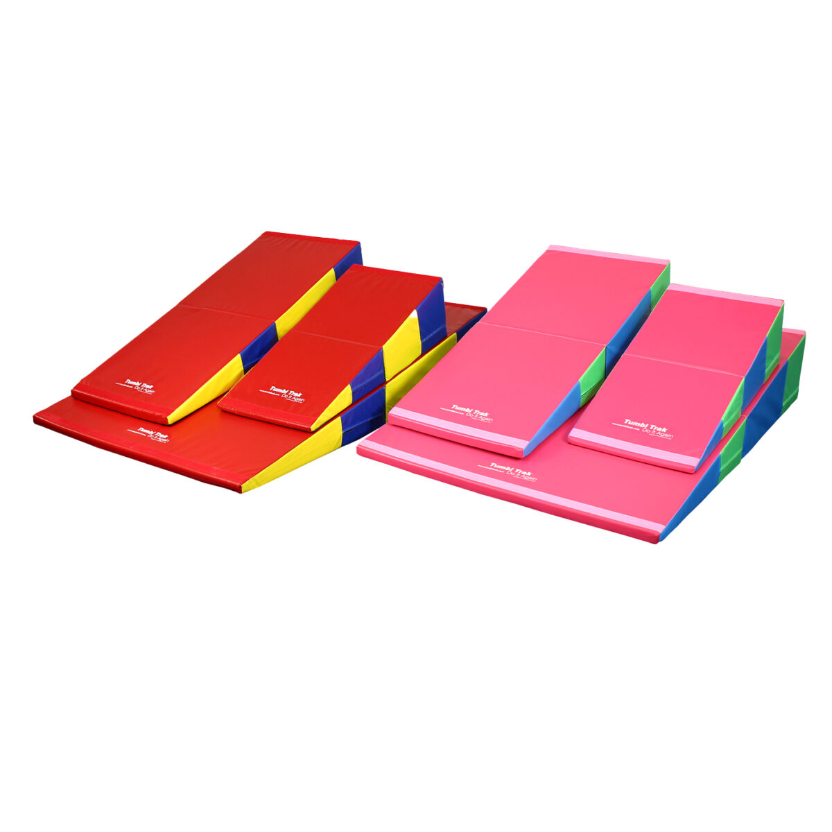 A photo of the Folding Incline Mats. All three sizes are shown in both Bright Pastel and Primary Rainbow designs.
