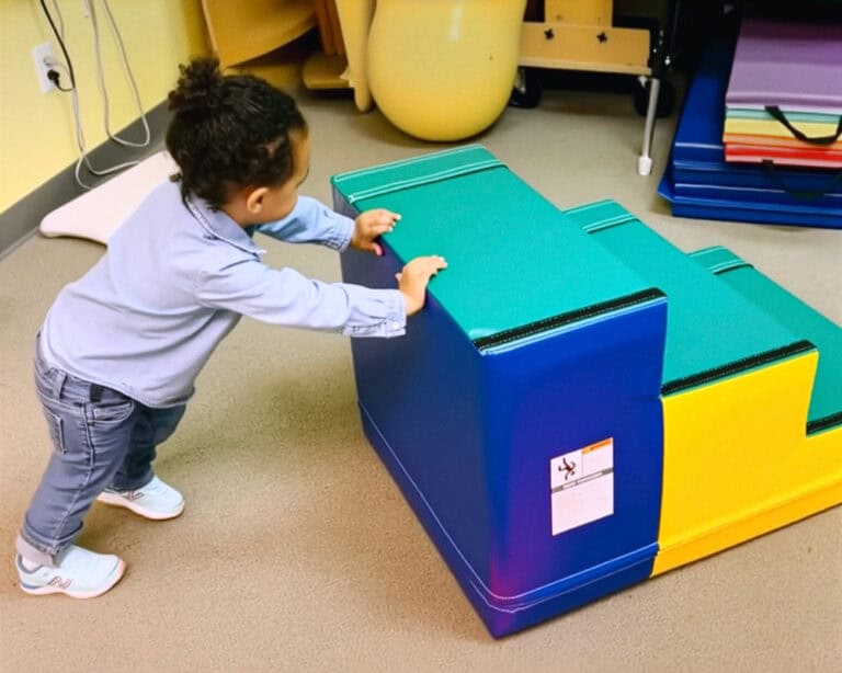 A photo of a toddler moving the Tumbl Trak Steps by themselves.